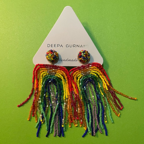 Rainbow Statement Earrings Deepa Gurnani Anthropologie Beaded Fringe - Picture 3 of 16